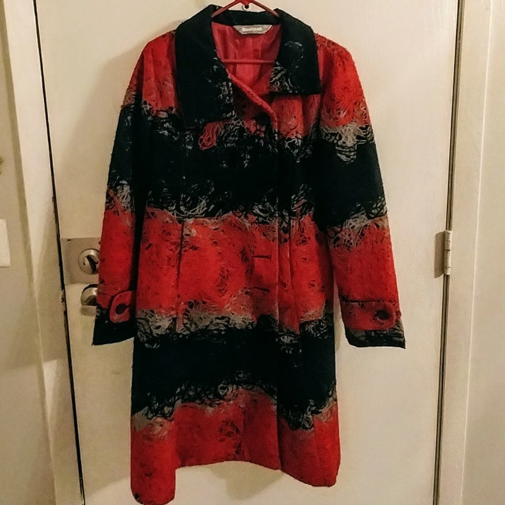 Desigual Button Trench Coat Red Black & Gray disorganized string fabric pattern